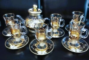 Czech bohemia glass - Coffee, tee set decorated gold and enamel 6+6 - Picture 1 of 5
