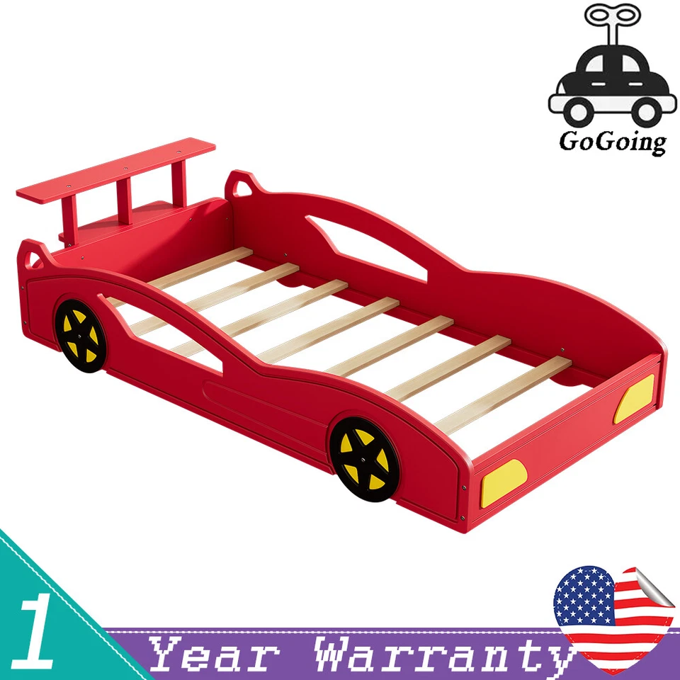 Cama de solteiro plataforma em forma de carro de corrida de madeira com rodas para criança - Imagem 1 de 4