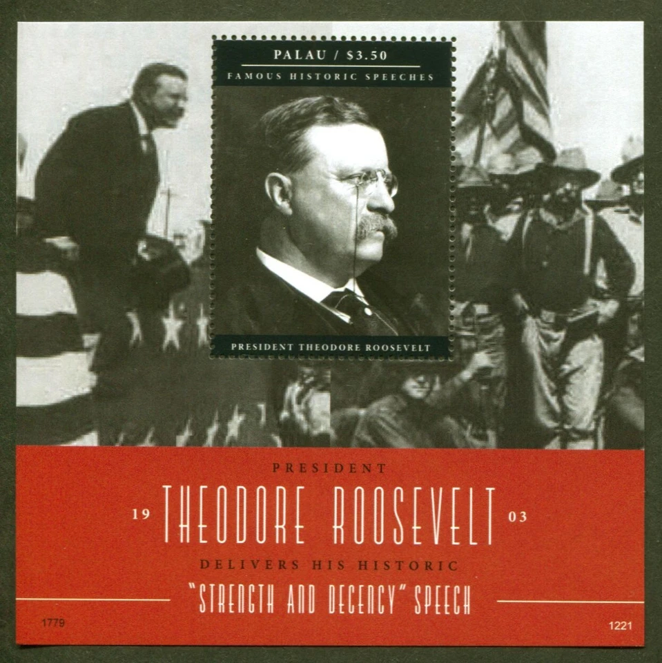 Palau Sc# 1112, Theodore Roosevelt, 2012 en estado bastante bueno MNH Souv. Hoja sin fallas SCV: $7,00 Foto 1 de 1