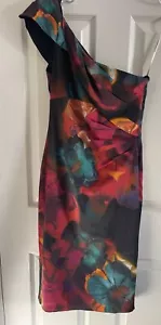Karen Millen Red Blue Pink Satin One Shoulder Wiggle Floral Pencil 👗Size UK12 - Picture 1 of 8