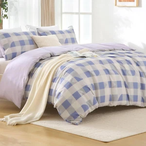 Duvet Cover Queen Size, 3 Pieces Plaid Duvet Cover Set, Reversible Purple Beddin - Picture 1 of 3