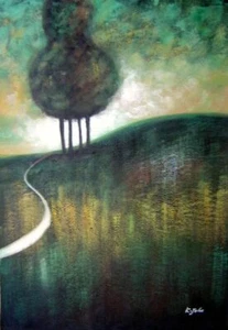 36x24 Árboles verdes por pequeño camino pintura al óleo paisaje decorativo - Imagen 1 de 1