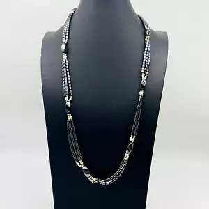 Triple Strand Hematite Necklace Freshwater Pearls Gold Tone Heavy Classic Career - Picture 1 of 7