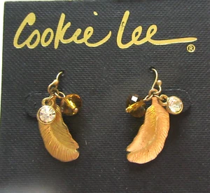 Cookie Lee Earrings- gold leaf- brown & clear crystal-french wire - Picture 1 of 1