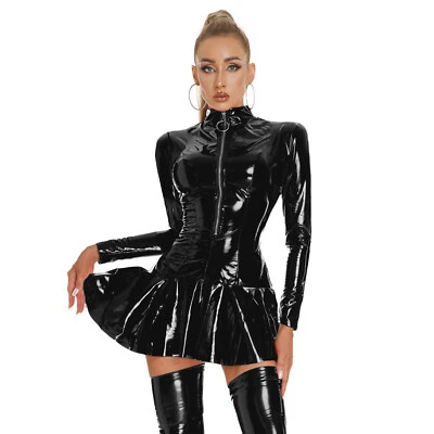 Womens Wet Look Leather Zipper Front Pleated Dress Latex Flare Skater Mini Dress - Image 1 of 4