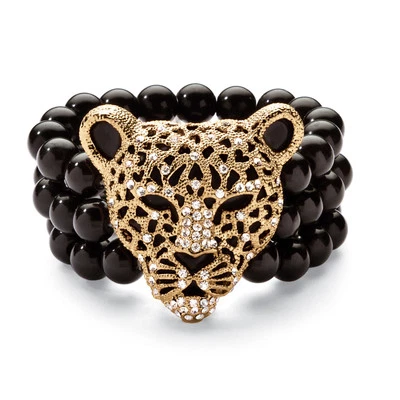 Brazalete elástico genuino de ónix negro y cristal de leopardo en tono dorado amarillo Foto 1 de 4