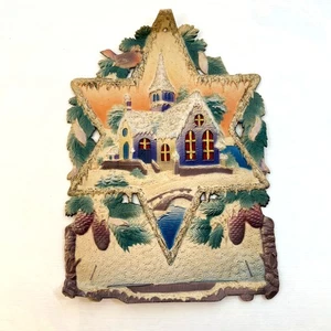 Antike geprägte gestanzte Weihnachten Kirche Dekoration Schneeszene - Bild 1 von 3