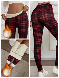 Damen Thermo Leggings Fleece Gefüttert Winter Warm Hose Gr. L 40/42 Karo Rot - Bild 1 von 5
