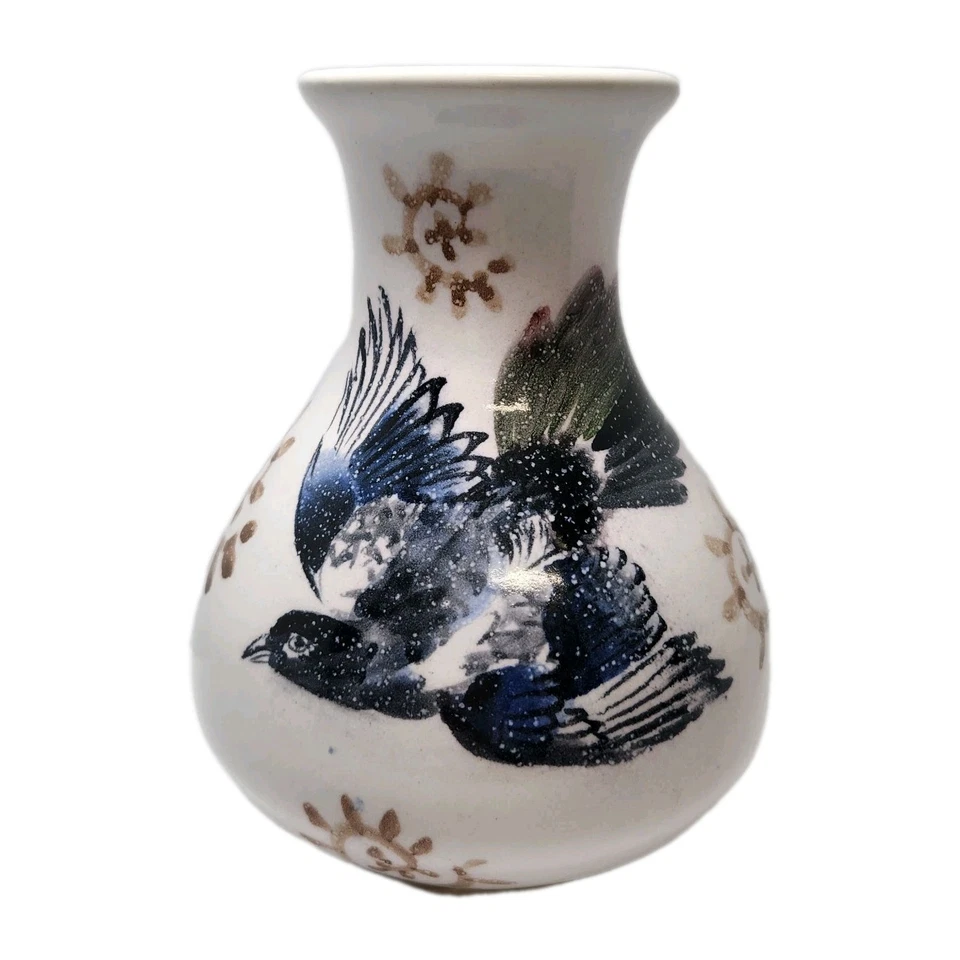 Vaso de cerâmica esmalte craquelado vintage motivo pássaro azul e sol 8"" - Imagem 1 de 4