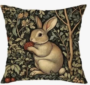 William Morris Abstract Floral Bunny Design Linen Throw Pillow Cover Home Decor - Picture 1 of 4