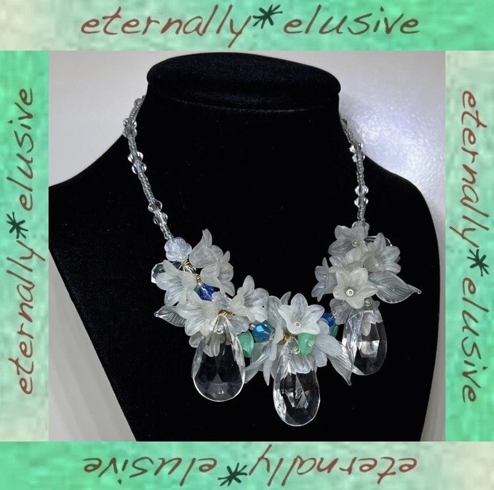 Hand Blown Pressed Italian Murano Flowers Leaves Art Glass & Lucite VTG Necklace - Image 1 of 4