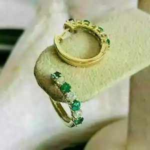 2Ct Round Cut Lab Created Emerald Huggie Hoop Earrings 14K Yellow Gold Plated - Picture 1 of 3