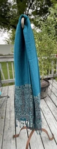 Pashmina Scarf Shawl Wrap Teals & Browns w Fringe 75”x26” - Picture 1 of 15