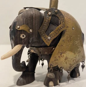 ANTIQUE SRI LANKA INDIA KANDY FESTIVAL WOOD ELEPHANT ENGRAVED METAL FIGURINE - Picture 1 of 13