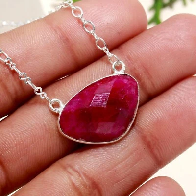 Lab Created Kashmir Ruby Gemstone 925 Sterling Silver Chain Pendant Necklace 18" - Image 1 of 4