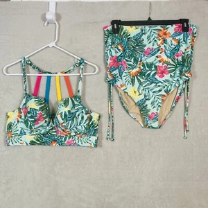 Cacique Swim Suit Set 38D Lined Bra Top Size 14 High Waisted Brief Hawaiian - Picture 1 of 11