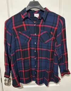 Ingrid & Isabel Maternity XL Flannel Shirt Red Blue Plaid Button Up Long Sleeve - Picture 1 of 13
