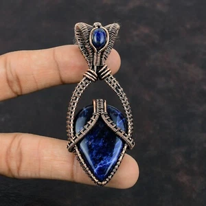 Sodalite Wire Wrapped Pendant Handcrafted Copper Birthday Gift Jewelry 3.11" - Picture 1 of 7