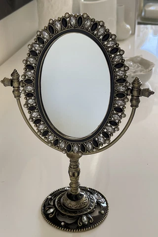 Vanity Makeup Mirror Jeweled Enamel Rhinestone Tabletop Solid Brass Deco NEW VTG Cover