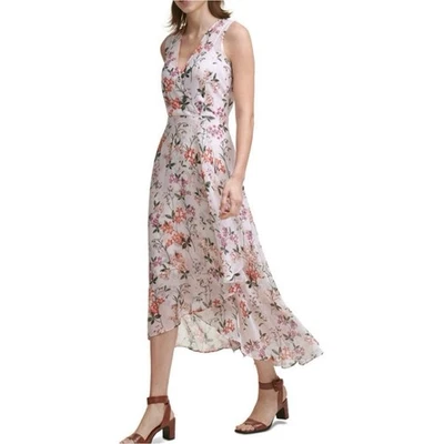 NWT Calvin Klein Pink Floral Sleeveless Chiffon V Neck Maxi Dress Size 6 - Image 1 of 4