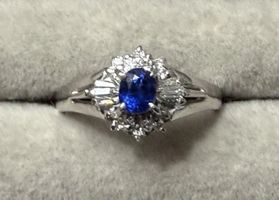 Platinum Oval Sapphire Ring With Baguette And Round Cut Diamonds - Image 1 of 4