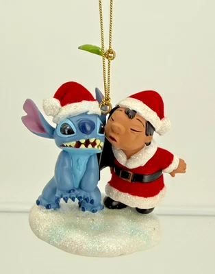 Disney Parks Lili & Stitch Mistletoe Ornament Glitter Accent Kissing Santa Hat - Image 1 of 4