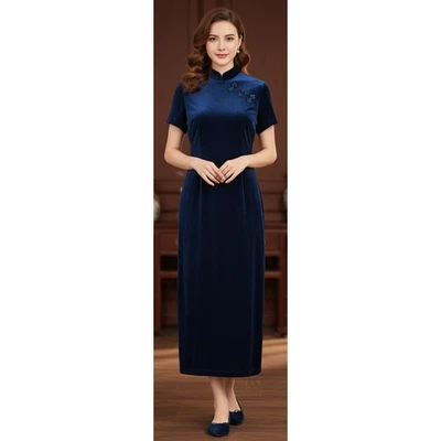 Vestido Cheongsam Vintage Amanda Smith Terciopelo Talla 16 Azul Marino Cuello Mandarín Bruja Foto 1 de 4