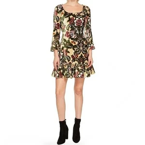 Jeremy Scott Samt Blumen Minikleid Größe 8 A-Linie Dreiviertelärmel Rüschen - Bild 1 von 11