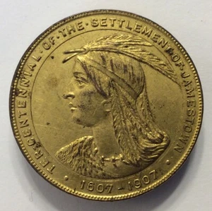 1907 JAMESTOWN VIRGINIA TERCENTENNIAL TOKEN MEDAL 34MM GILT BRONZE BELT BUCKLE - Picture 1 of 2