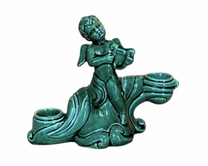 Vtg Green Cherub Angel Candleholder Ceramic Hobbyist Candle Candlestick Kitsch - Picture 1 of 4