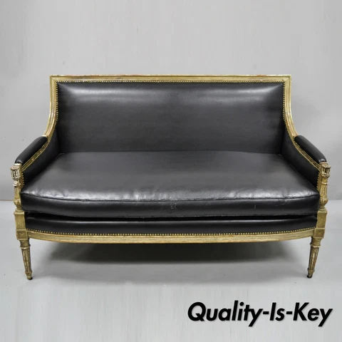 French Louis XVI Maison Jansen Style Distress Paint Parcel Gilt Settee Loveseat Cover
