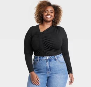 Ava & Viv Asymmetrical T-Shirt Plus Size 1X Shirred Front Long Sleeve Black - Picture 1 of 10