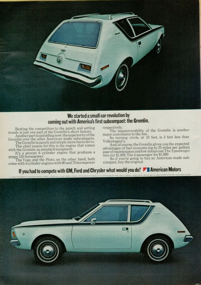American Motors AMC Gremlin 1970 blanco primer auto subcompacto anuncio impreso vintage Foto 1 de 1