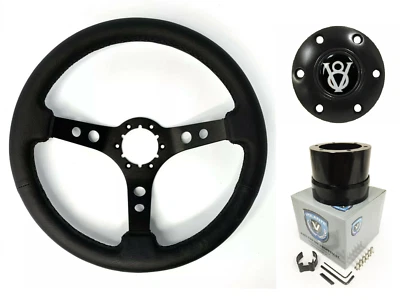 3 Spoke Black Steering Wheel w/ V8 Horn Button & Adapter For 1964-1972 Ford - Image 1 of 4