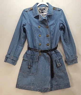 VTG 90s Sm Denim & Co Blue Jean Lined Midi Duster Jacket Double Breasted - Image 1 of 4