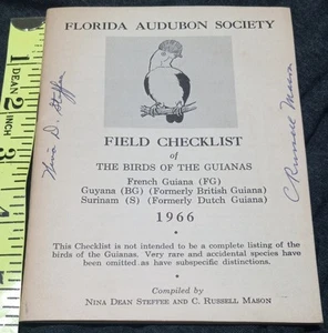 Florida Audubon Society Feld Checkliste Vögel Guianen 1966 Steffee Mason SIGNIERT - Bild 1 von 3