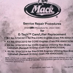 Mack SERVICE Procedure di riparazione per sollevatore a camme Etech ricambio MANUALE 2002 - Foto 1 di 2