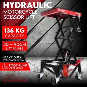 MOTORCYCLE JACK SCISSOR LIFT HOIST STAND BIKE LIFTER TROLLEY KART 136KG BLACK FS - Picture 1 of 11