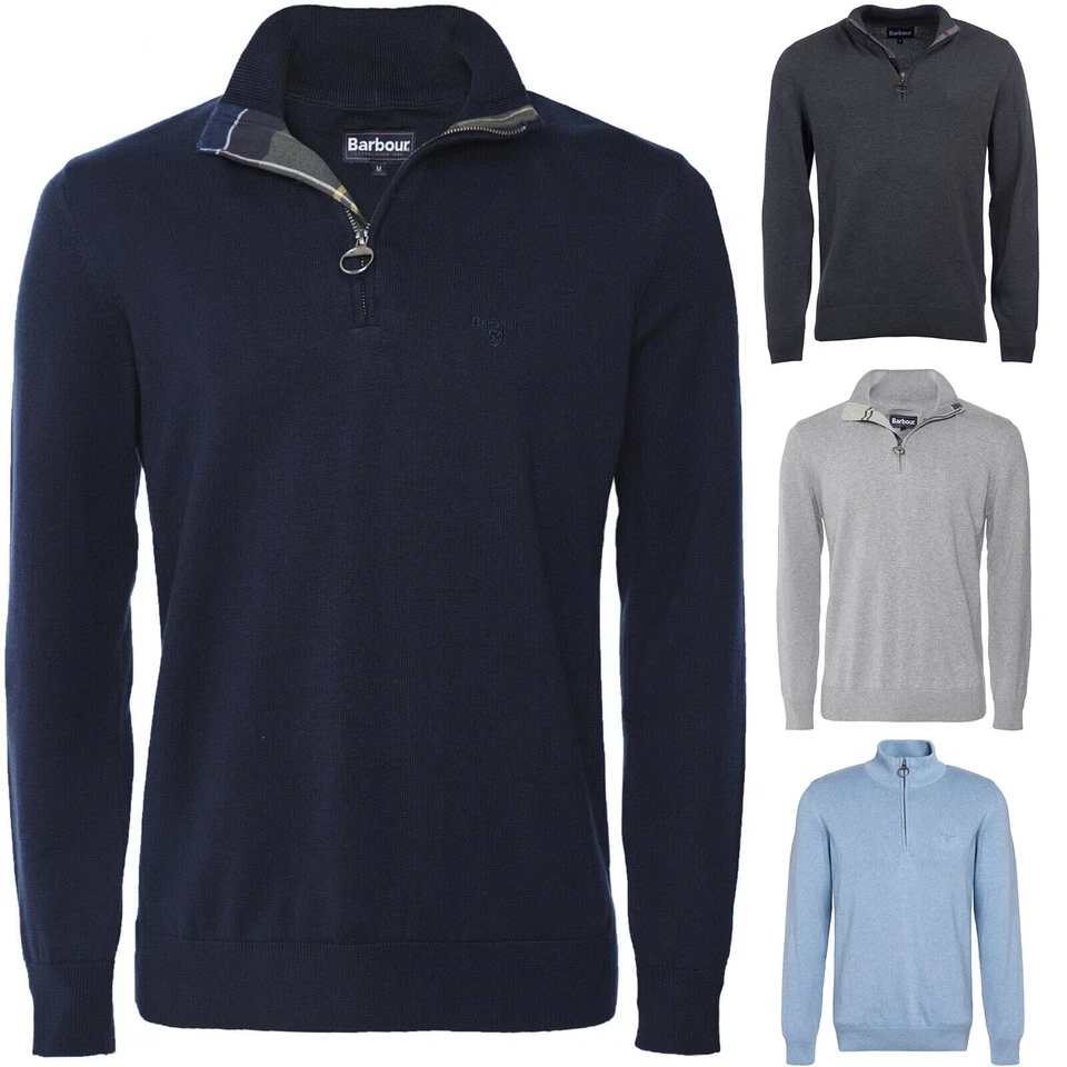 BARBOUR MENS COTTON HALF ZIP DESIGNER TARTAN TRIM JUMPER SWEATER KNITWEAR - Image 1 of 1