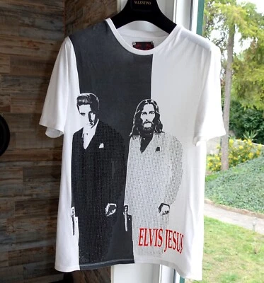 ELVIS & JESUS SHIRT XL white black logo tshirt t rhinestones beaded say hello Foto 1 de 4