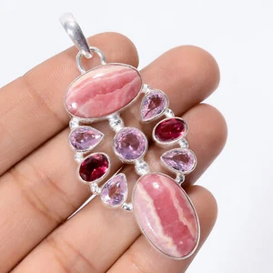 Rhodochrosite Garnet Gemstone Fashion Jewelry 925 Silver Pendant 2.3" ARP-3801 - Picture 1 of 3