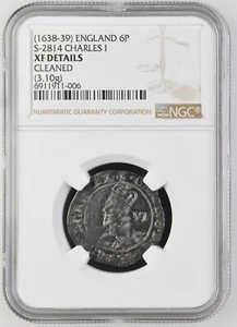 England - 1638-39 Charles I - 6 Pence - NGC XF Details - OLD CABINET TONING! - Picture 1 of 4