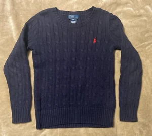 Polo Ralph Lauren Boys Size 8 Navy Blue Cable Knit Sweater Red Pony - Picture 1 of 3