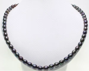 Black Pearl Necklace 18" w/ Sterling Silver 925 Clasp 8-9mm - Picture 1 of 7