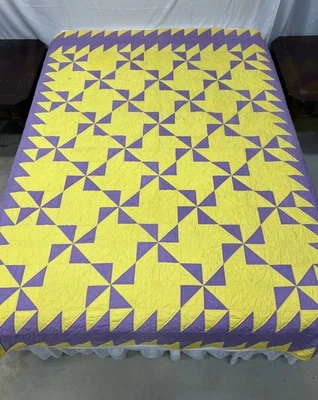 #251 Vintage Handmade Purple Yellow Pinwheel Quilt 70" x 86" Hand Quilted 1940's - Image 1 of 4