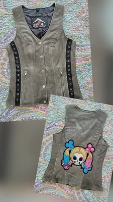 Womens Biker Motorcycle Vest Size XS Punk Moto Distressed Eyelets Skull Buttons - Image 1 of 4