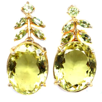 925 Silver 14 x 19 MM. Lemon Quartz & Green Peridot Black Friday Earrings - Image 1 of 4