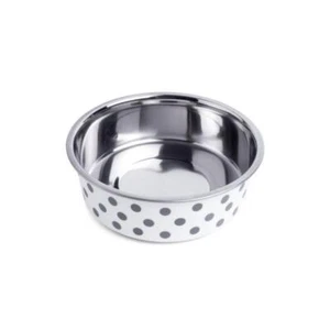 Small Dog Bowl Stainless Steel Food Water Feeding Cream Grey Spotty Design 14cm - Picture 1 of 3