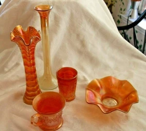 Lot Of 5 Antique Marigold Carnival Glass - Vases, Glass, Cup, Dish - Picture 1 of 7
