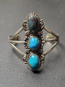 Native American Large Sterling Silver Triple Turquoise Stone Cuff Bracelet ... - Picture 1 of 23